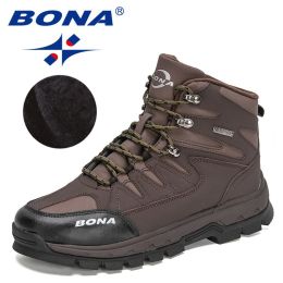 BONA 2022 New Designers Brand Winter Snow Boots Men Warm Plush High Top Boots MAction Leather Ankle Boots Man Outdoor Footwear (Color: Dark brown)