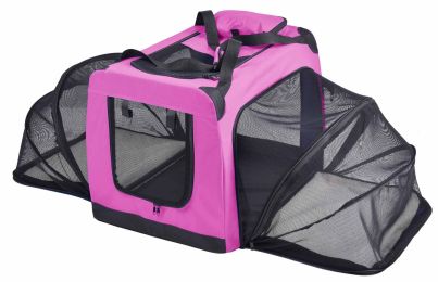 Pet Life 'Hounda Accordion' Metal Framed Soft-Folding Collapsible Dual-Sided Expandable Pet Dog Crate (Color: pink)